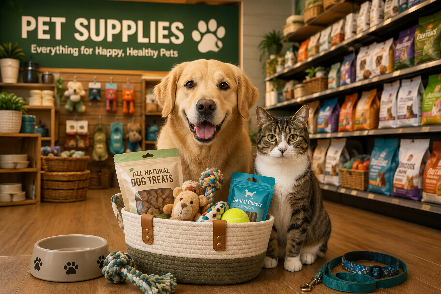 Pet supplies arranged in a bright local pet store setting.